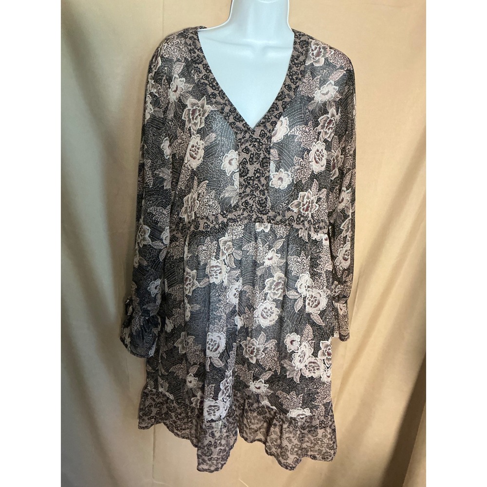 Knox Rose Floral Sheer Mini Dress Womens Large Black Mauve Ruffle Metallic Boho